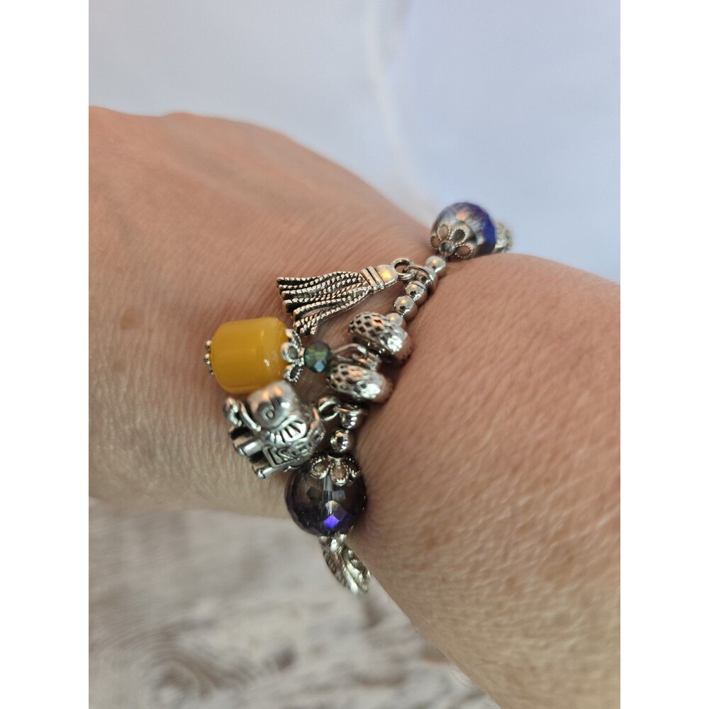 Vintage Style Iridescent Beaded Charm Stretch Bracelet Elephant Tassel #287